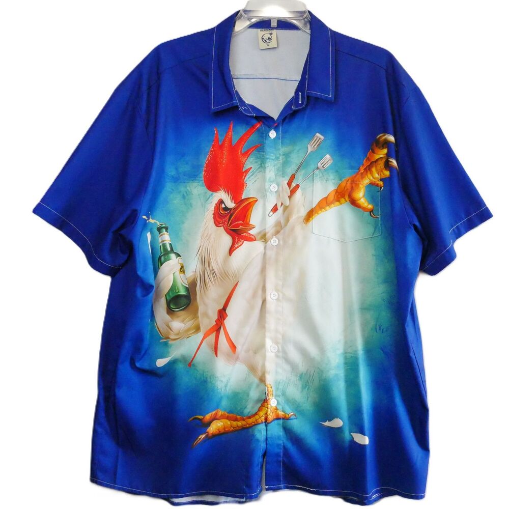 Hardaddy Mens Size XL "Kung Fu Rooster" Novelty Hawaiian Shirt Button Up Pocket